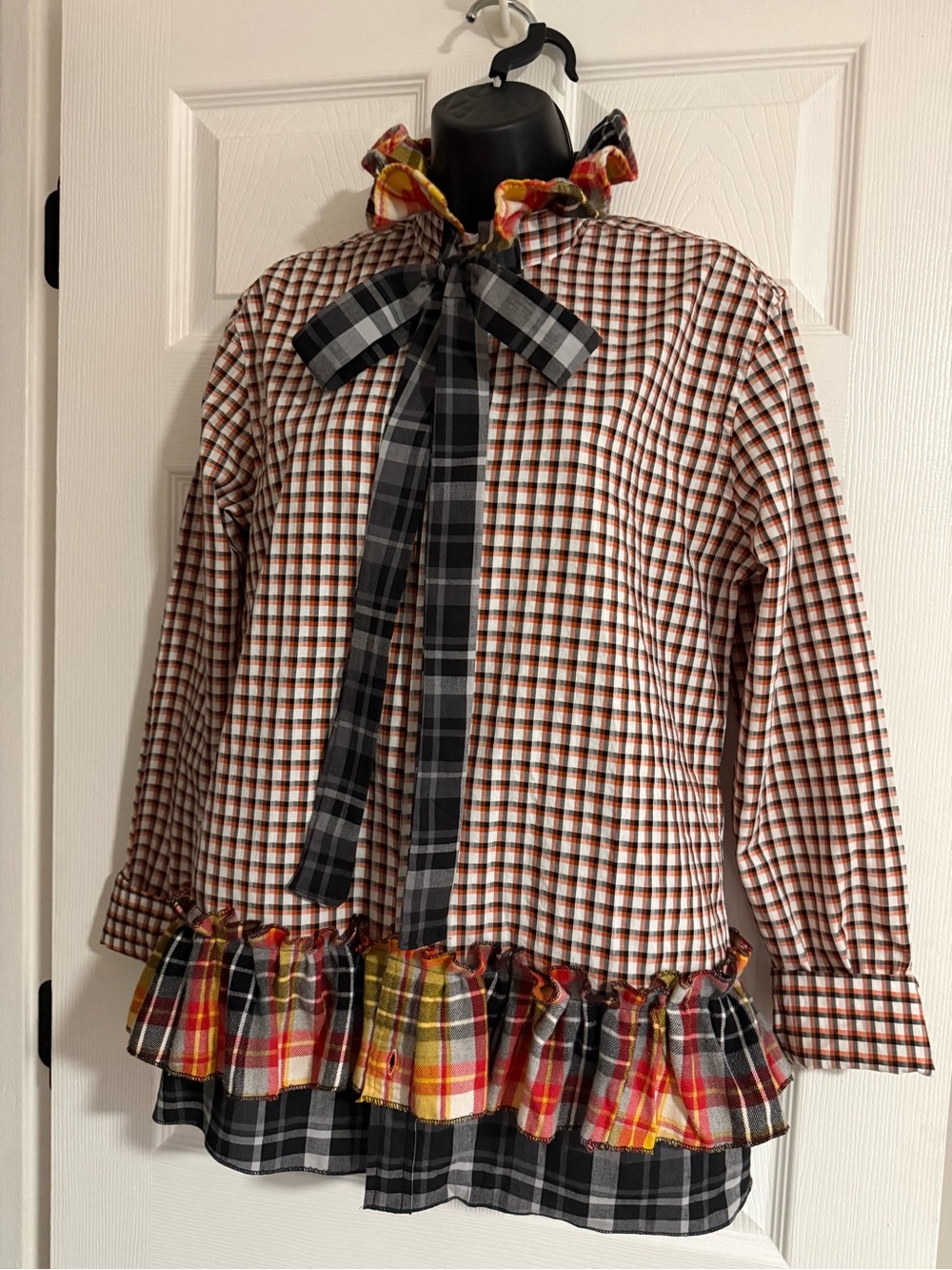 Upcycled Plaid Ruffle Collar Long-Sleeve Top.
